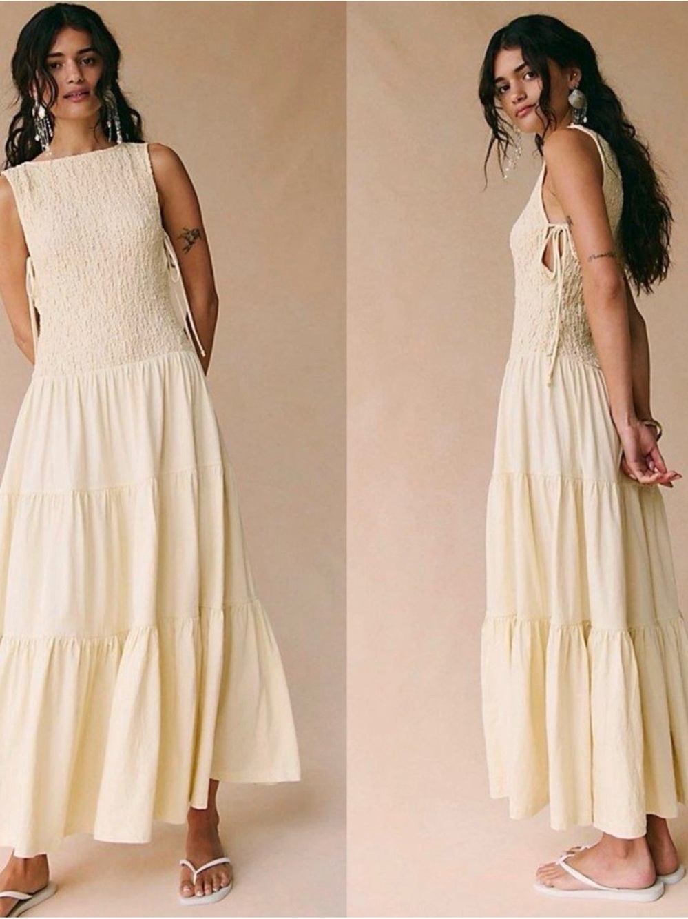 Free People Cream Smocked Tiered Maxi Dress